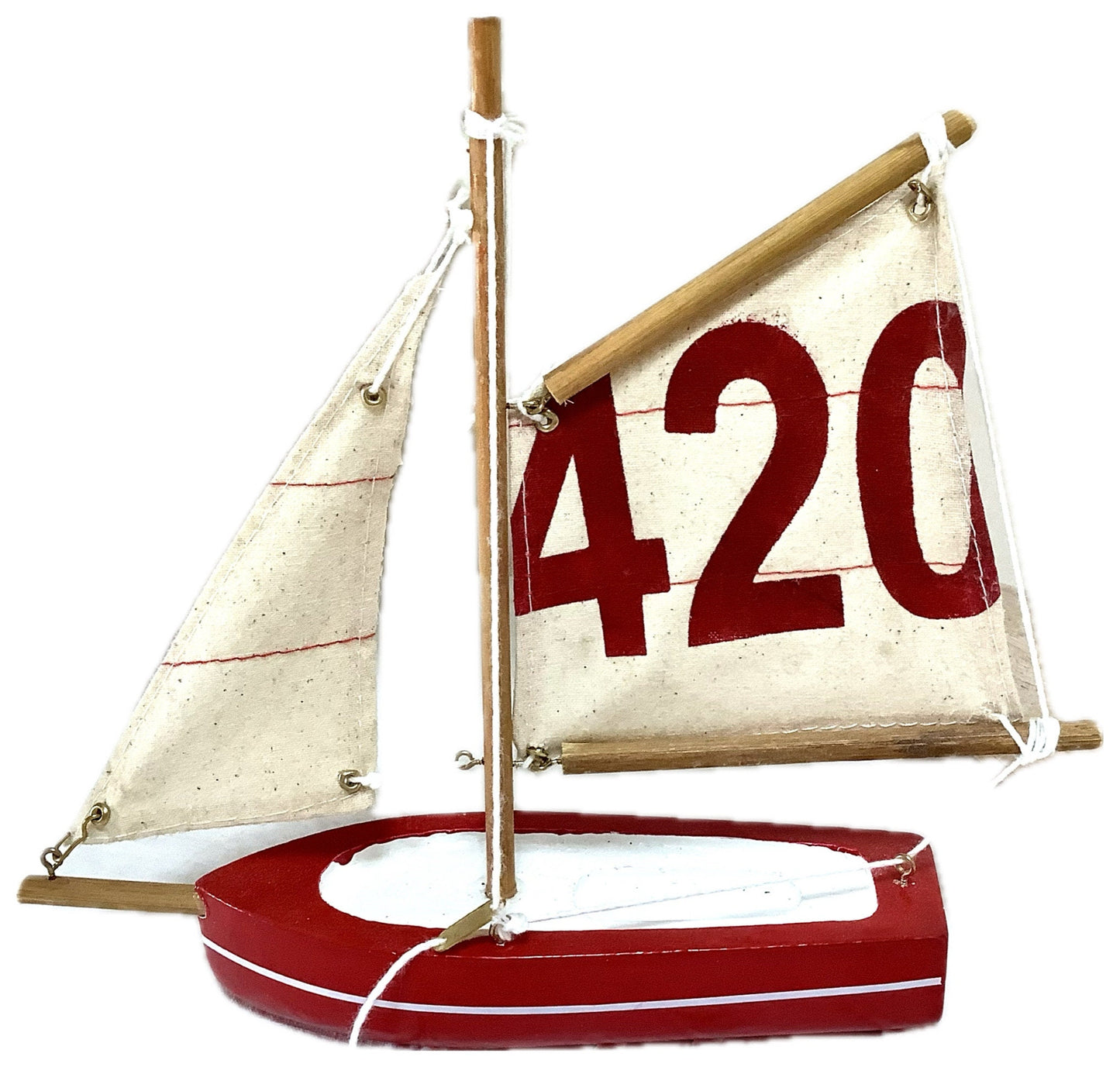 Bateau flottant bois rouge voiles coton décoration marine ht 21 cm