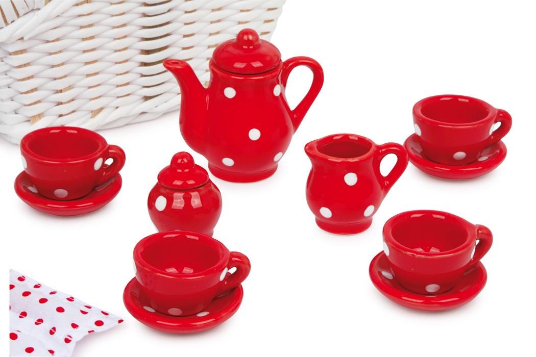 Jeu mini dînette porcelaine rouge pois panier