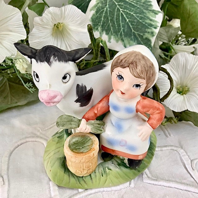 Figurines couple enfants fermiers vaches porcelaine ht 10 cm vintage