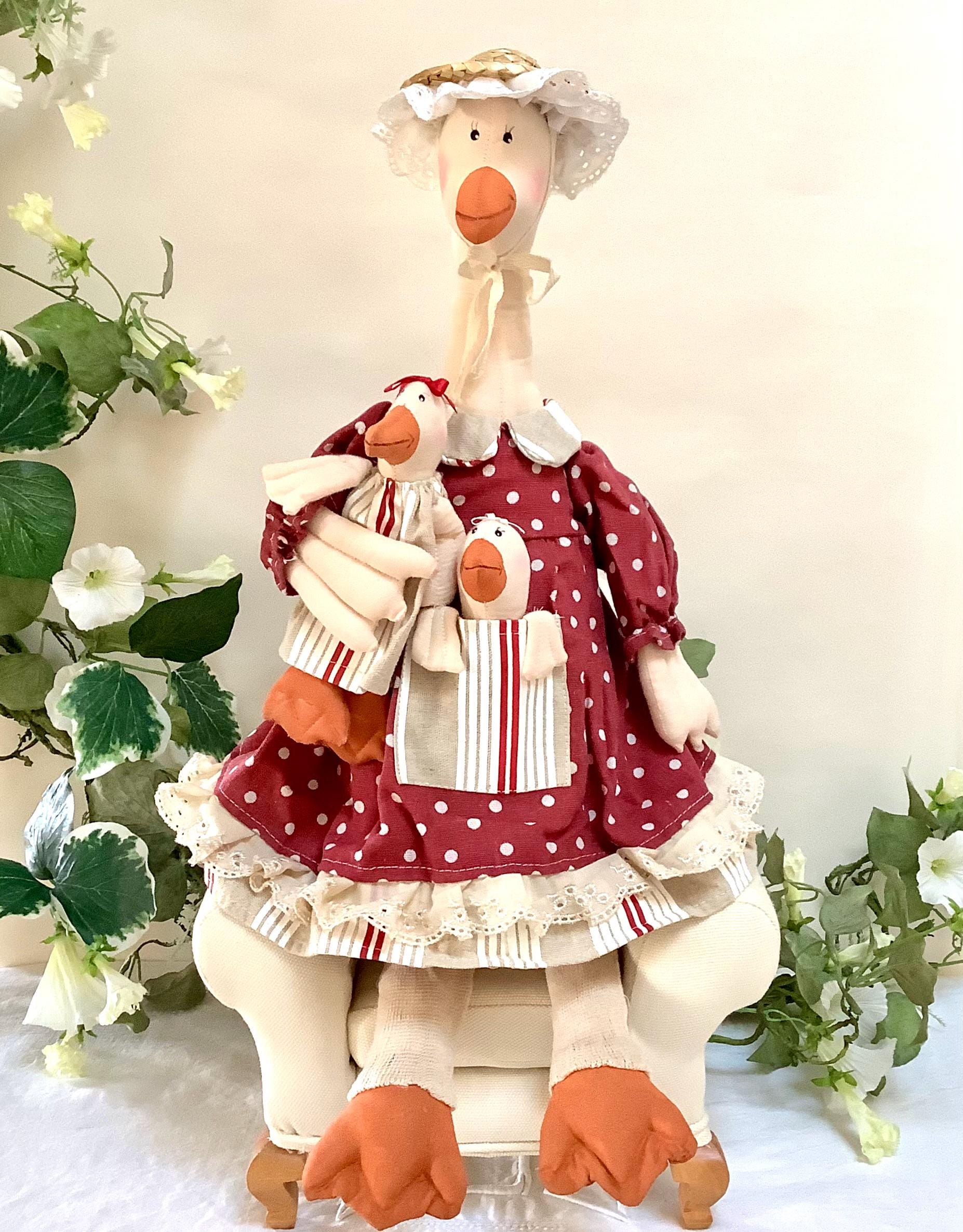  Oie déco tissu robe pois rouge blanc avec deux oisons, La Galleria vintage 53 cm