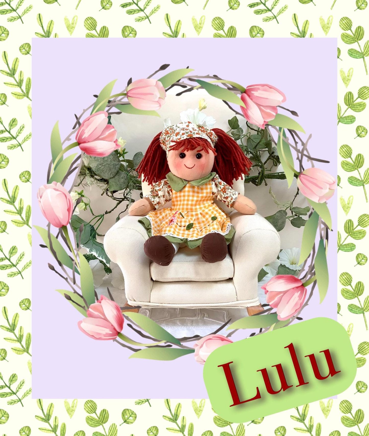 Poupée de chiffon tissu robe orange modèle lulu  ht 30 cm