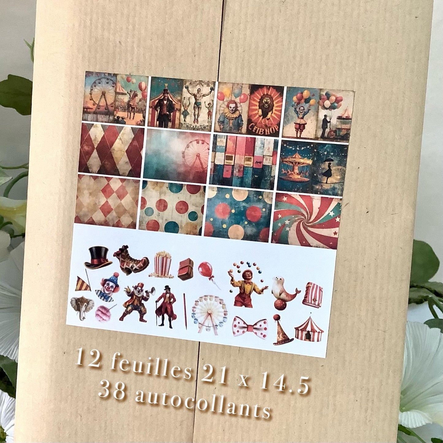 Images cirque 12 feuilles A5 vintage + 38 autocollants