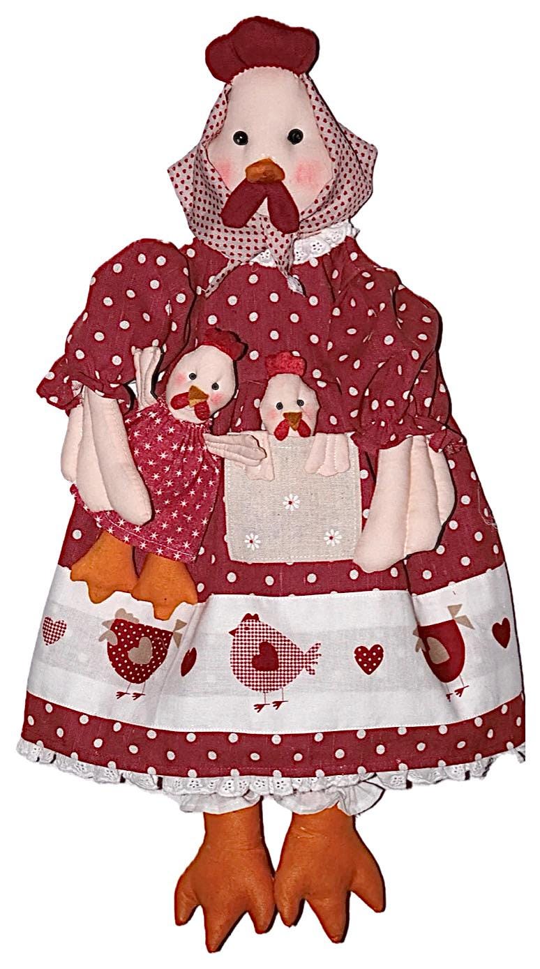 Porte sacs poule robe rouge blanc avec deux poussin la galleria ht 55 cm
