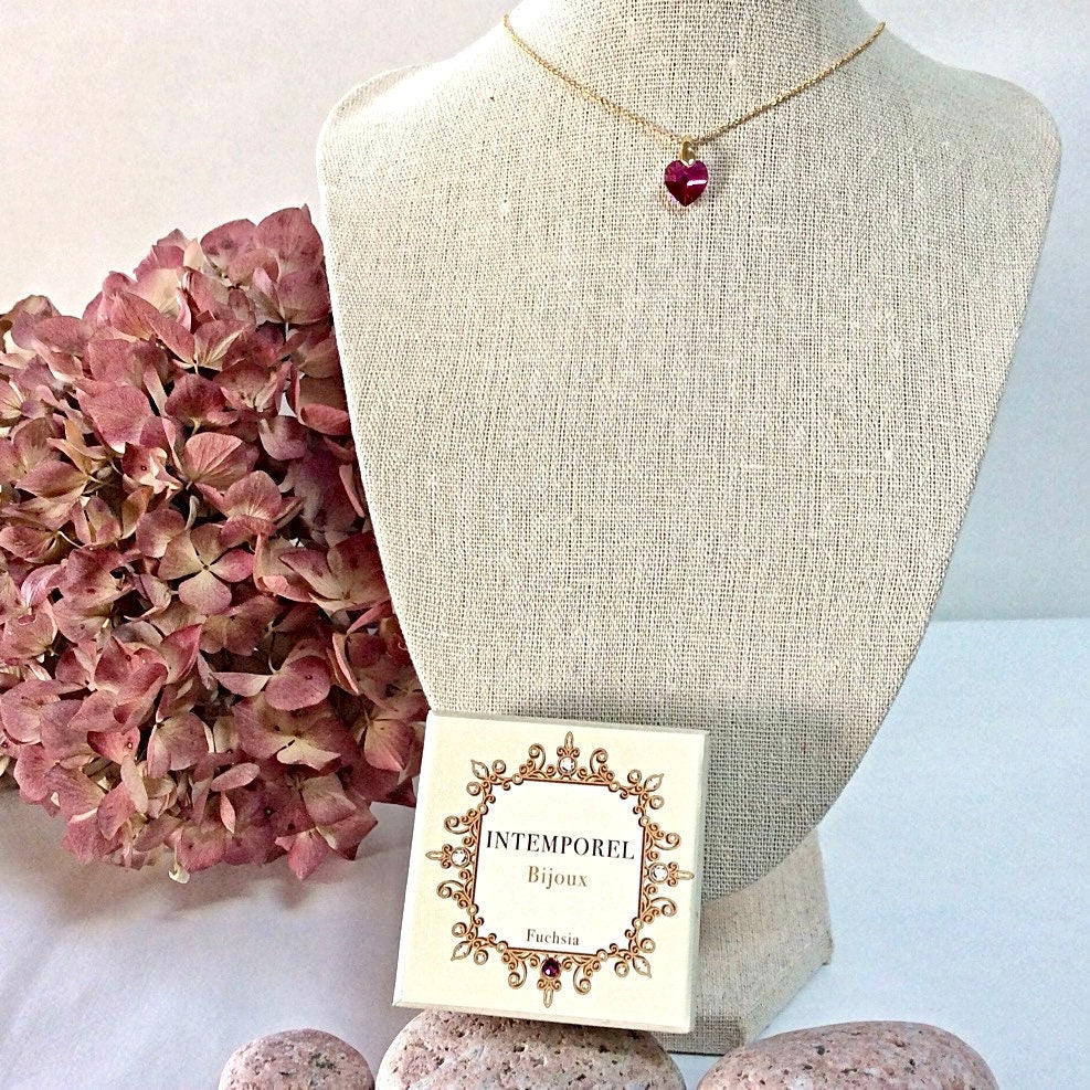 Collier coeur Fuchsia pendentif cristal Swarovski chaîne Gold Filled plaqué or 14 k