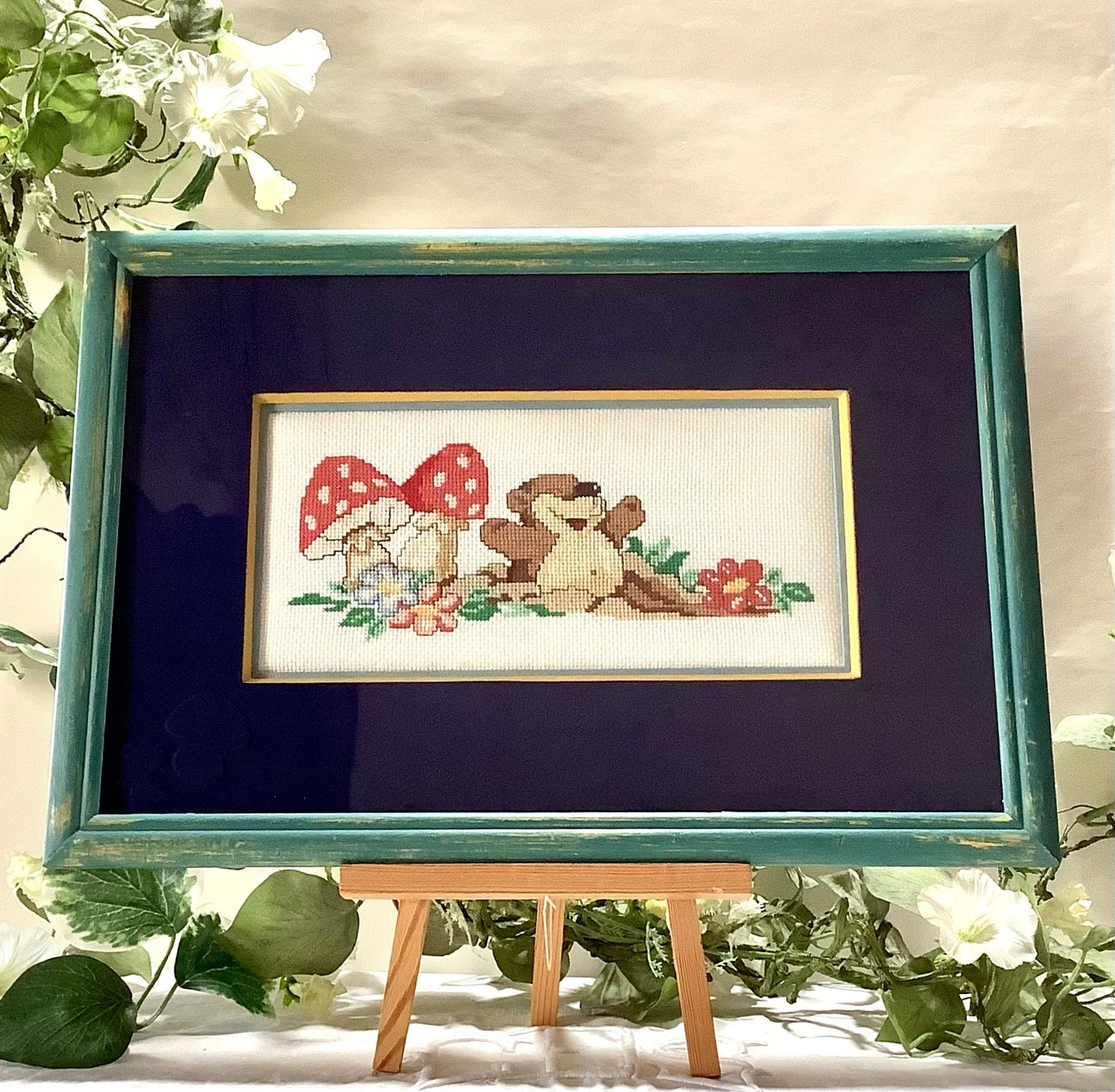 Tableau broderie enfant ourson vintage 41.5 cm x 28 cm