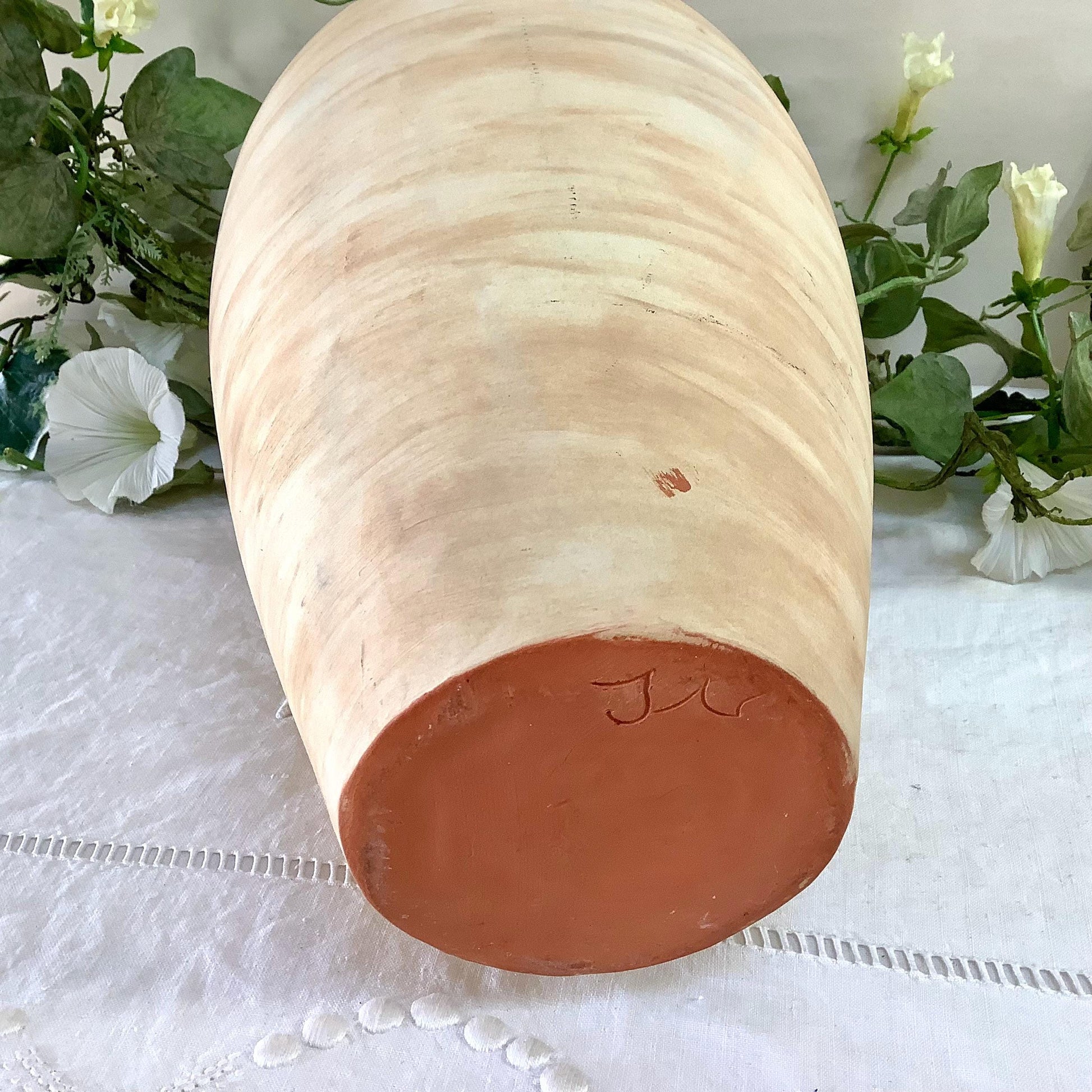 Grand vase céramique beige vert turquoise intérieur émaillé, faïence vintage fait main 31 cm