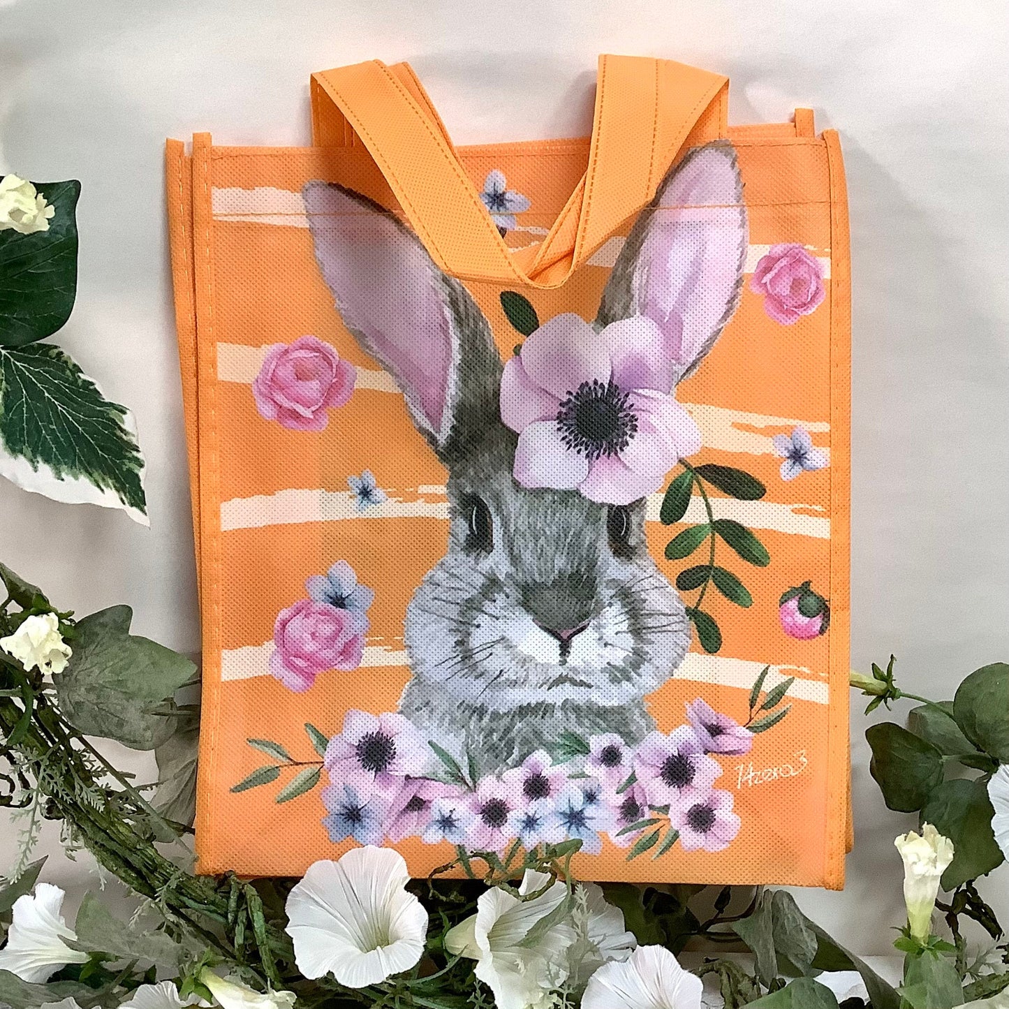 Sac Pâques orange motifs lapin ht 28 cm