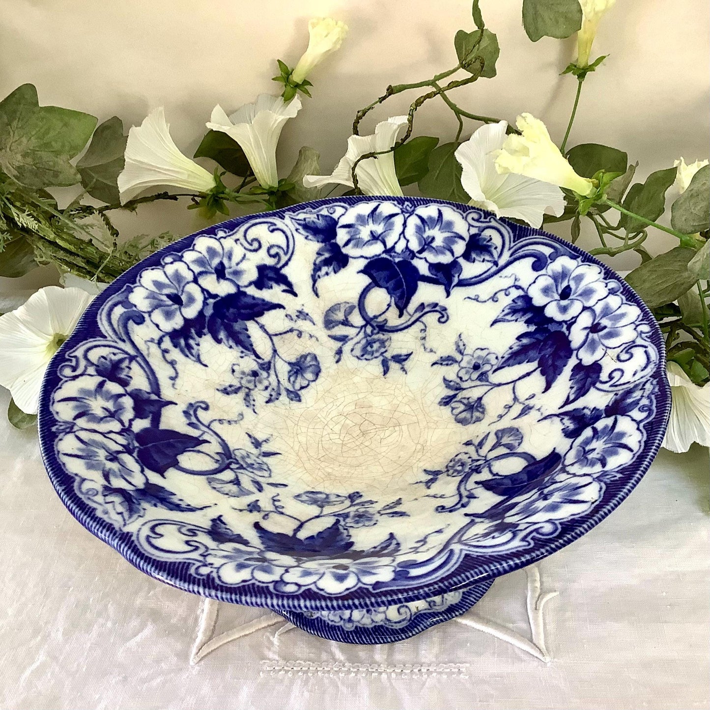 Plat serviteur piédouche compotier bleu faïence creil Flora nontereau 1855 vintage