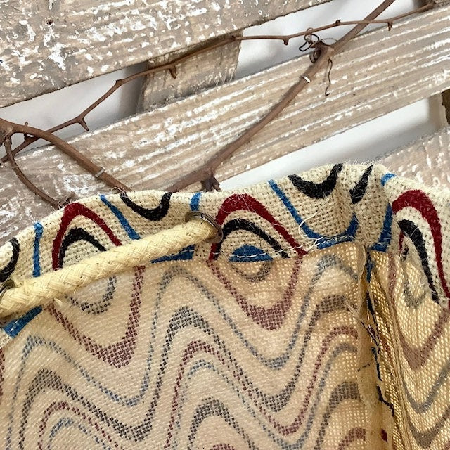 Sac de plage imperméable toile de jute beige vagues bleu ht 40 cm