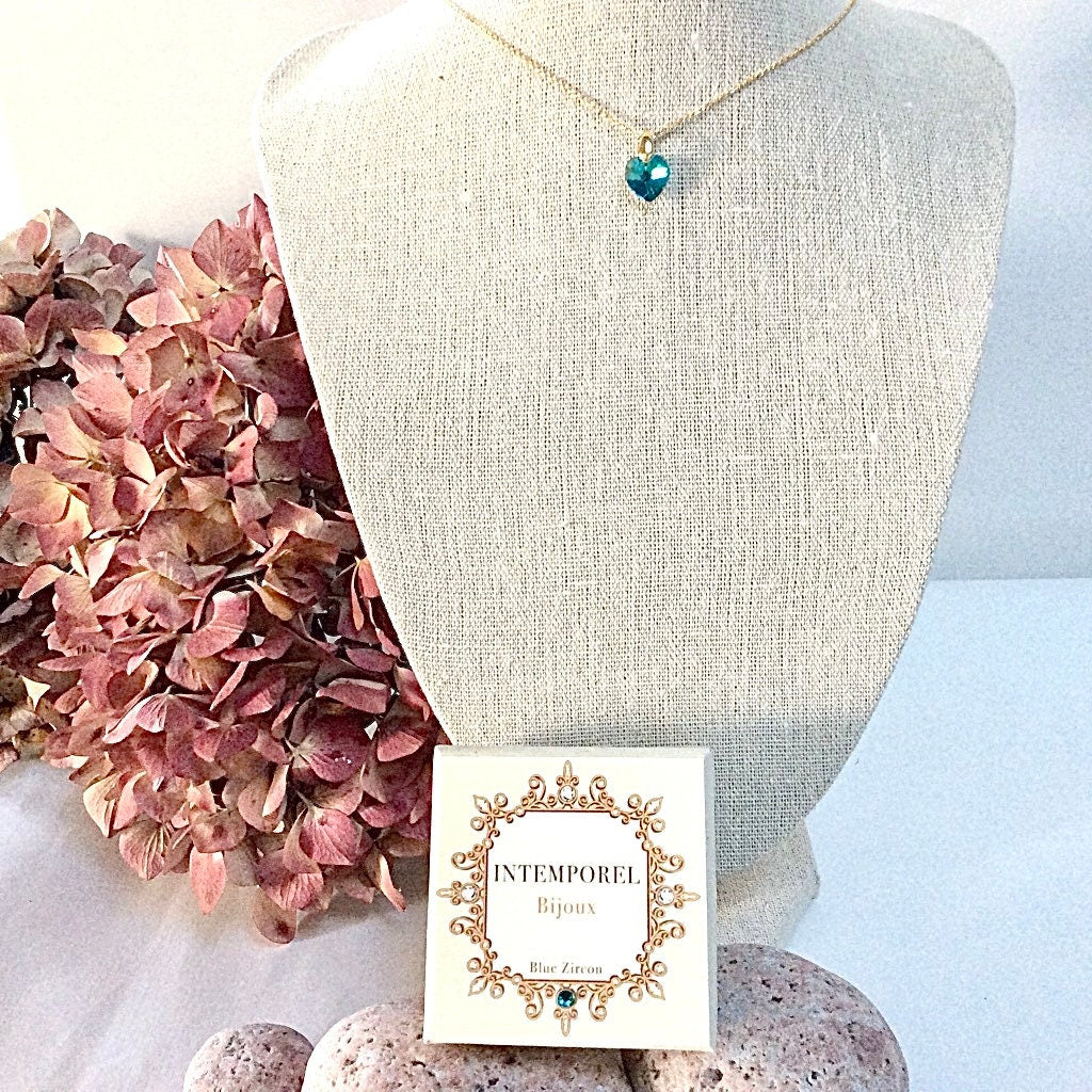 Collier coeur Blue zircon pendentif cristal Swarovski chaîne Gold Filled plaqué or 14 k