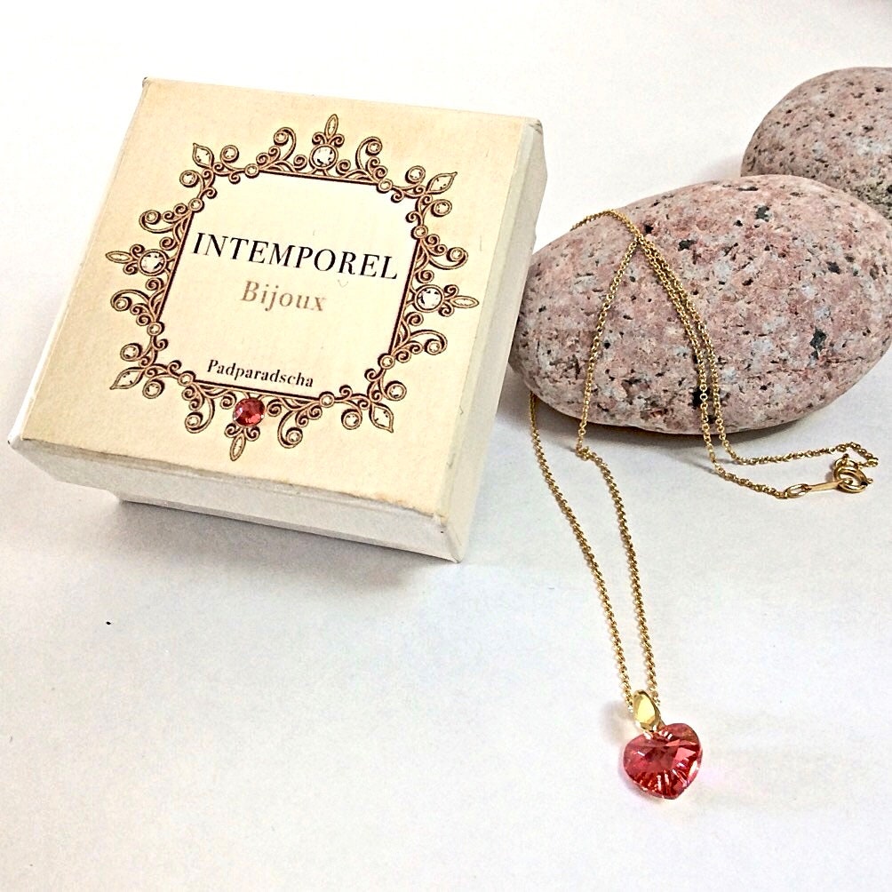 Collier coeur Padparadscha pendentif cristal Swarovski chaîne Gold Filled plaqué or 14 k