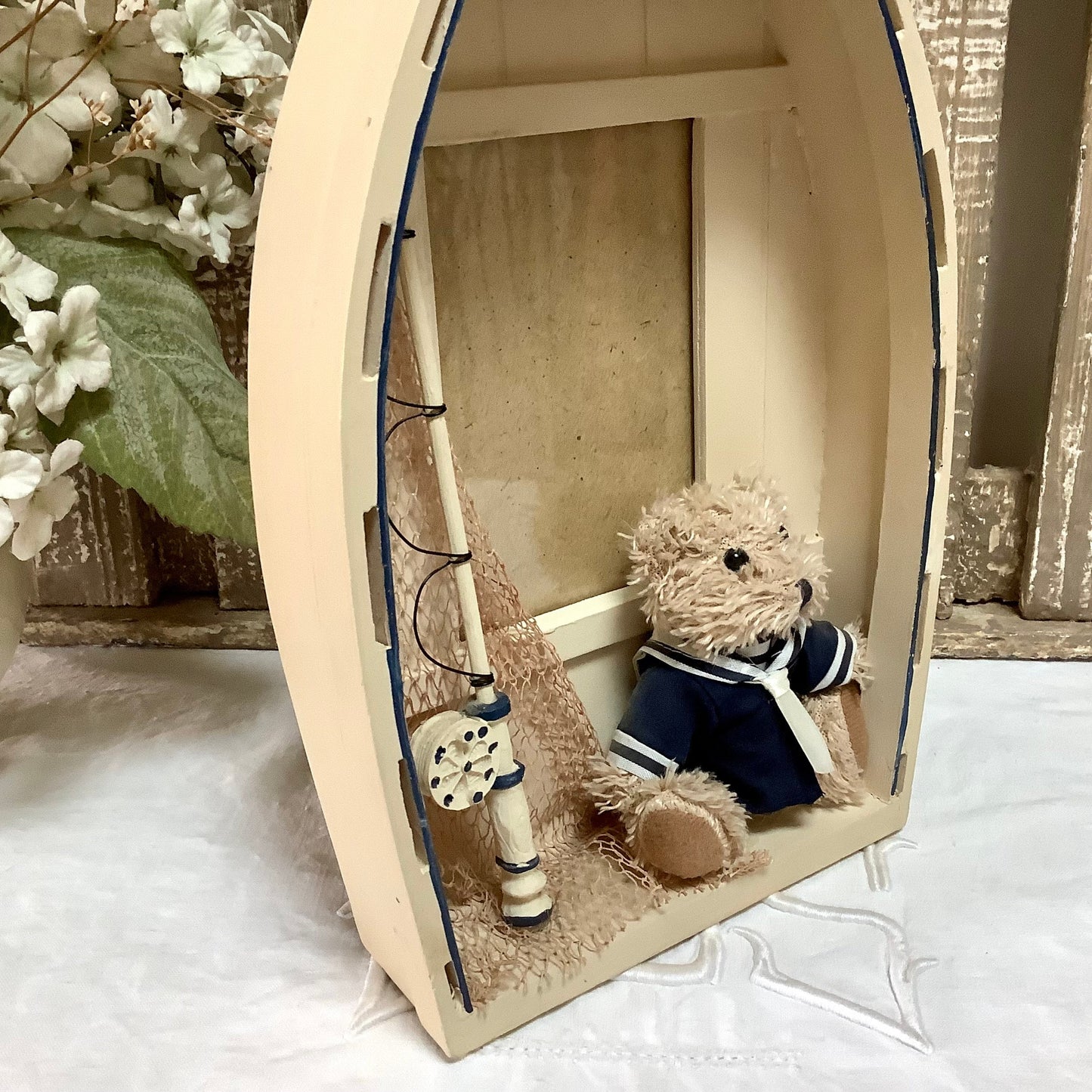 Décoration marine ours peluche bateau cadre photo vintage résine, trois oursons 30 cm
