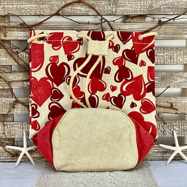 Sac de plage imperméable toile de jute beige coeur rouge ht 40 cm