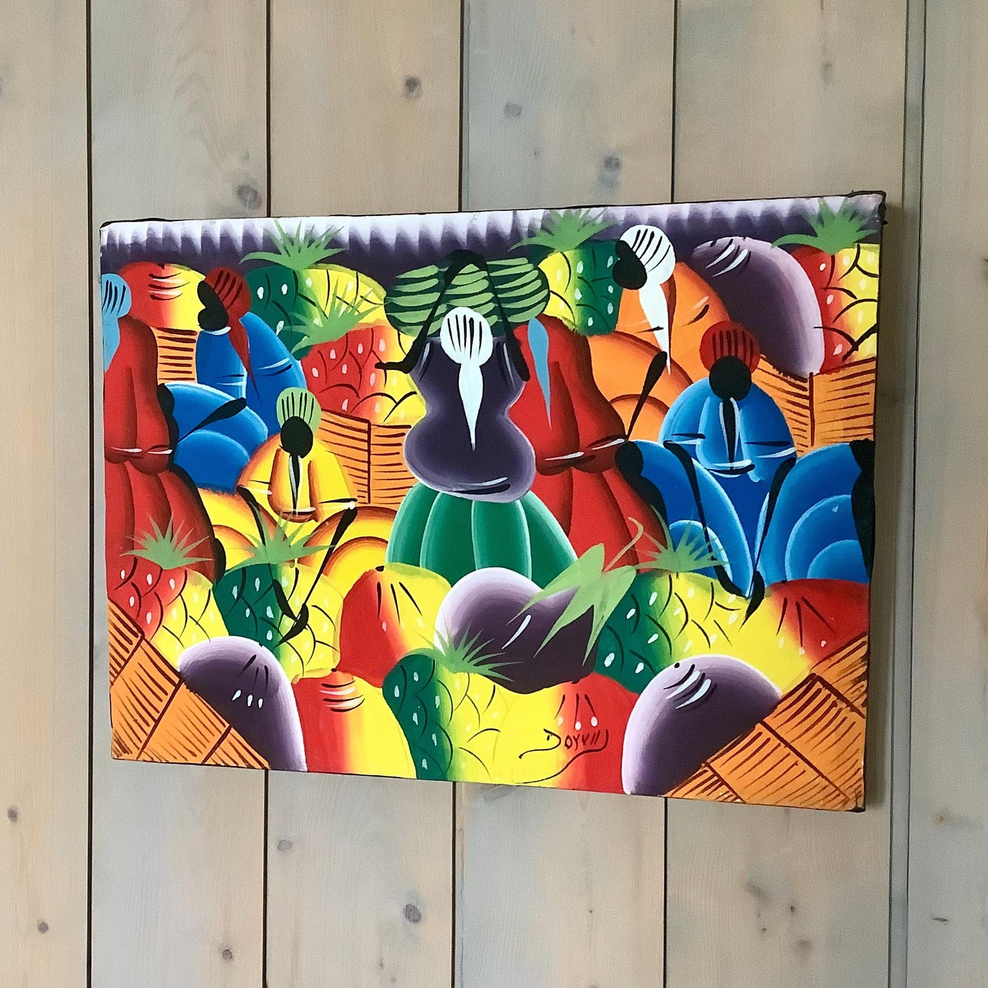 Détail peinture art naïf dominicain acrylique sur toile, art populaire couleurs vives 41 cm