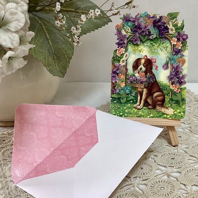 Carte enveloppe vintage 3D royal garden chien