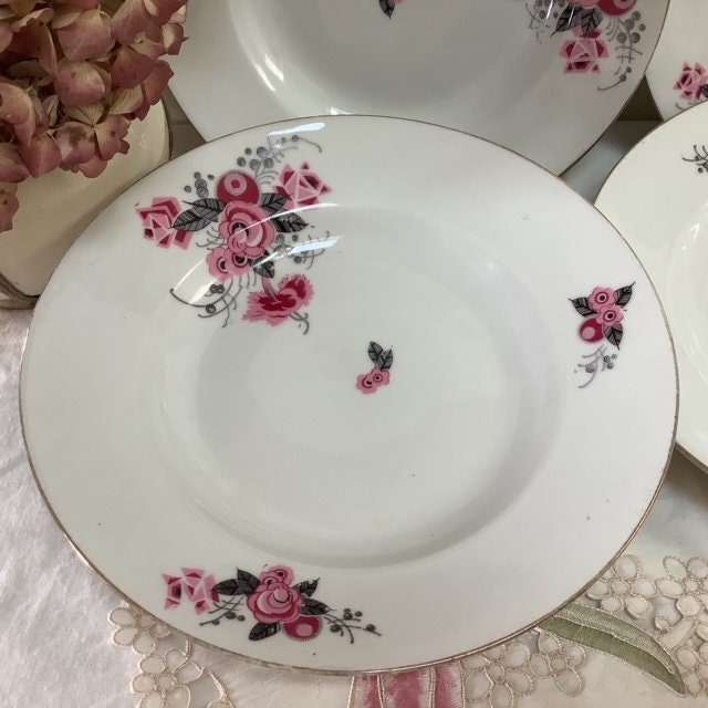 Assiettes creuses vintage porcelaine art déco roses AV