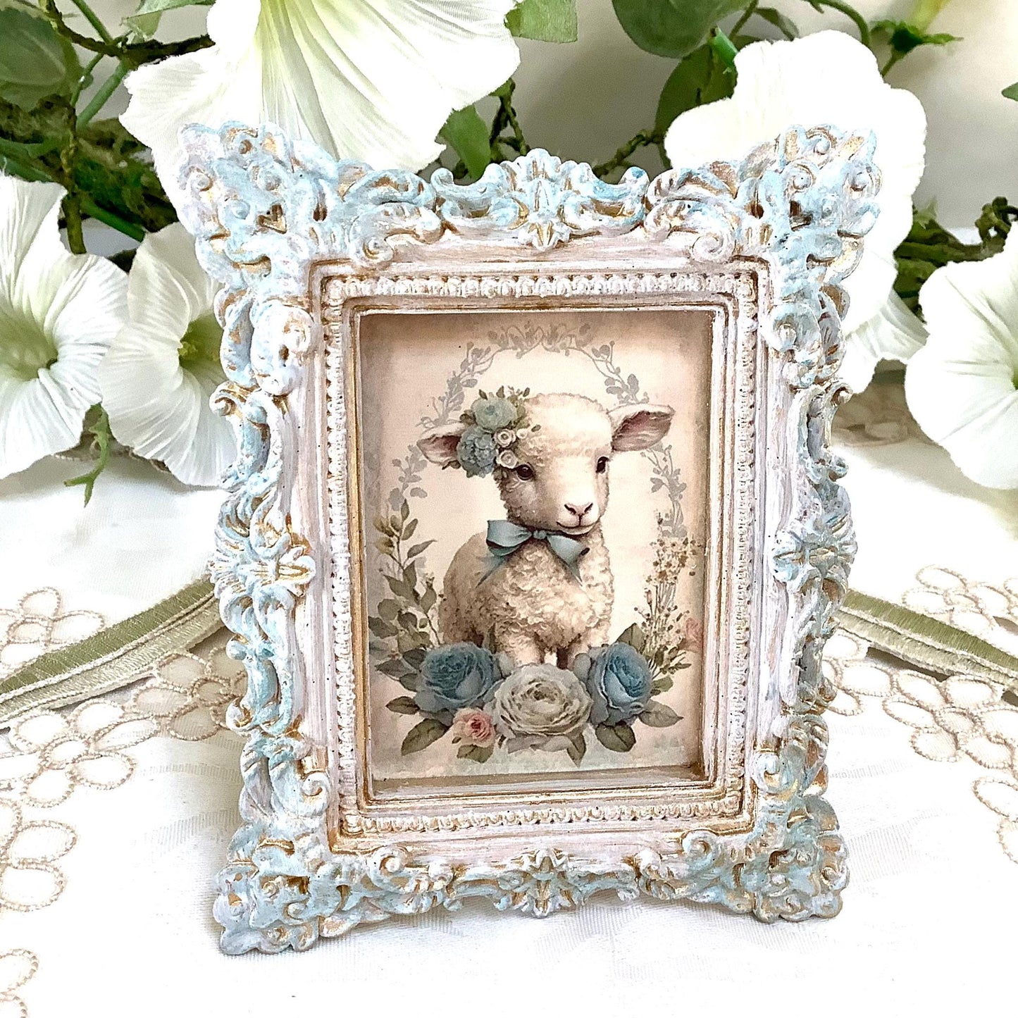 Cadre miniature baroque patiné bleu mouton 10 cm x 8 cm modèle A