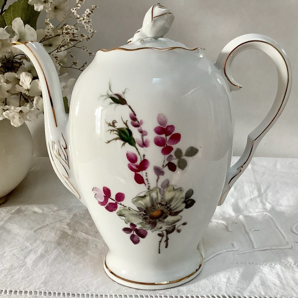 Cafetière théière verseuse porcelaine fleurs Lourioux vintage