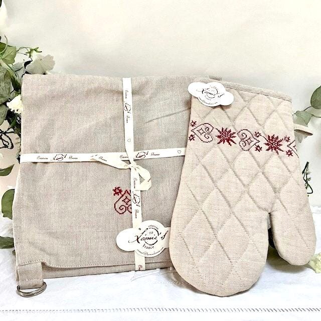 Tablier et manique coton type lin vintage