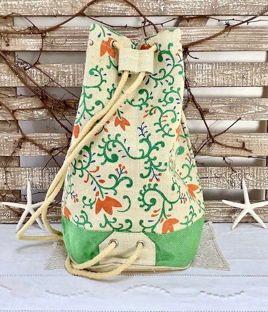 Sac de plage imperméable toile de jute beige arabesque vert ht 40 cm