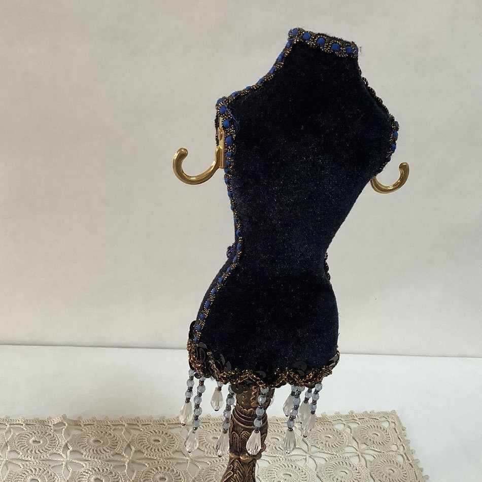 Porte bijoux mannequin velours bleu feston bleu or base 7 cm, vintage 28,5 cm hauteur