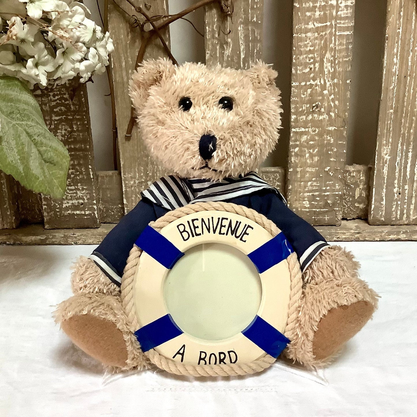 Décoration marine ours peluche bateau cadre photo vintage résine, trois oursons 30 cm