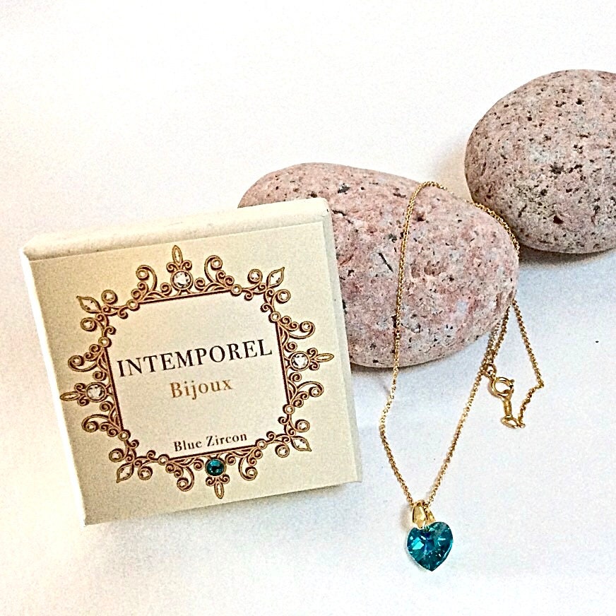 Collier coeur Blue zircon pendentif cristal Swarovski chaîne Gold Filled plaqué or 14 k