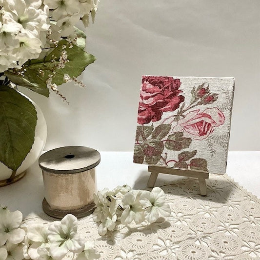 Petit tableau lin roses anciennes avec chevalet vintage