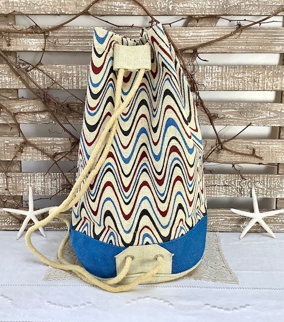 Sac de plage imperméable toile de jute beige vagues bleu ht 40 cm