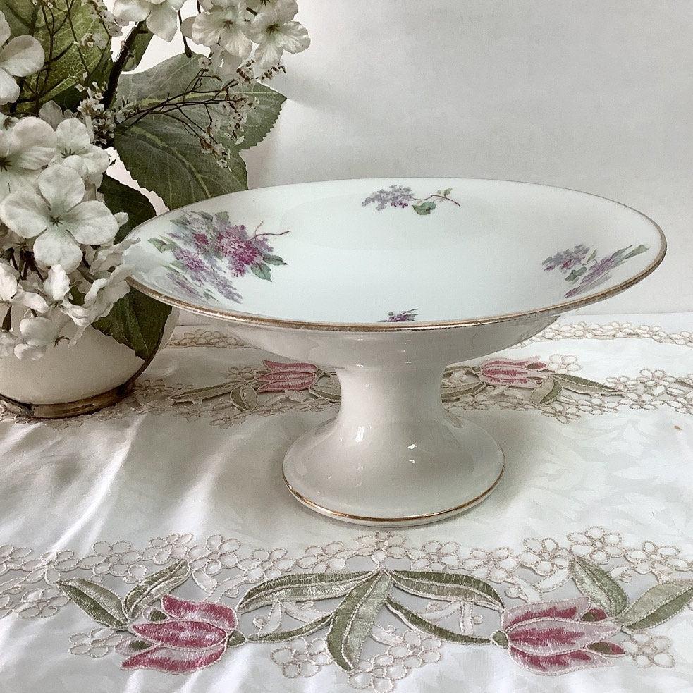 Plat serviteur piédouche porcelaine coupe à fruits lilas vintage