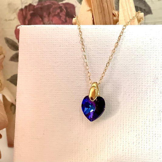 Collier coeur Héliotrope pendentif cristal Swarovski chaîne Gold Filled plaqué or 14 k