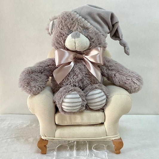 Ours peluche douce gris noeud satin vintage ht 32 cm