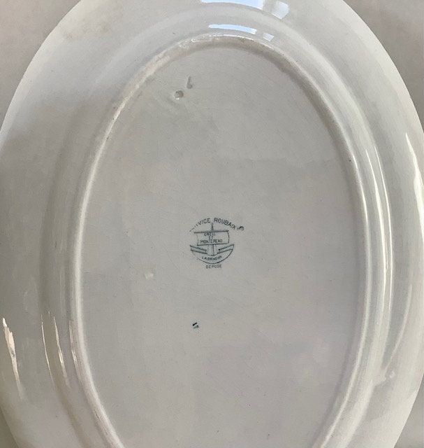 Grand plat ovale faïence Creil et Montereau vert vintage