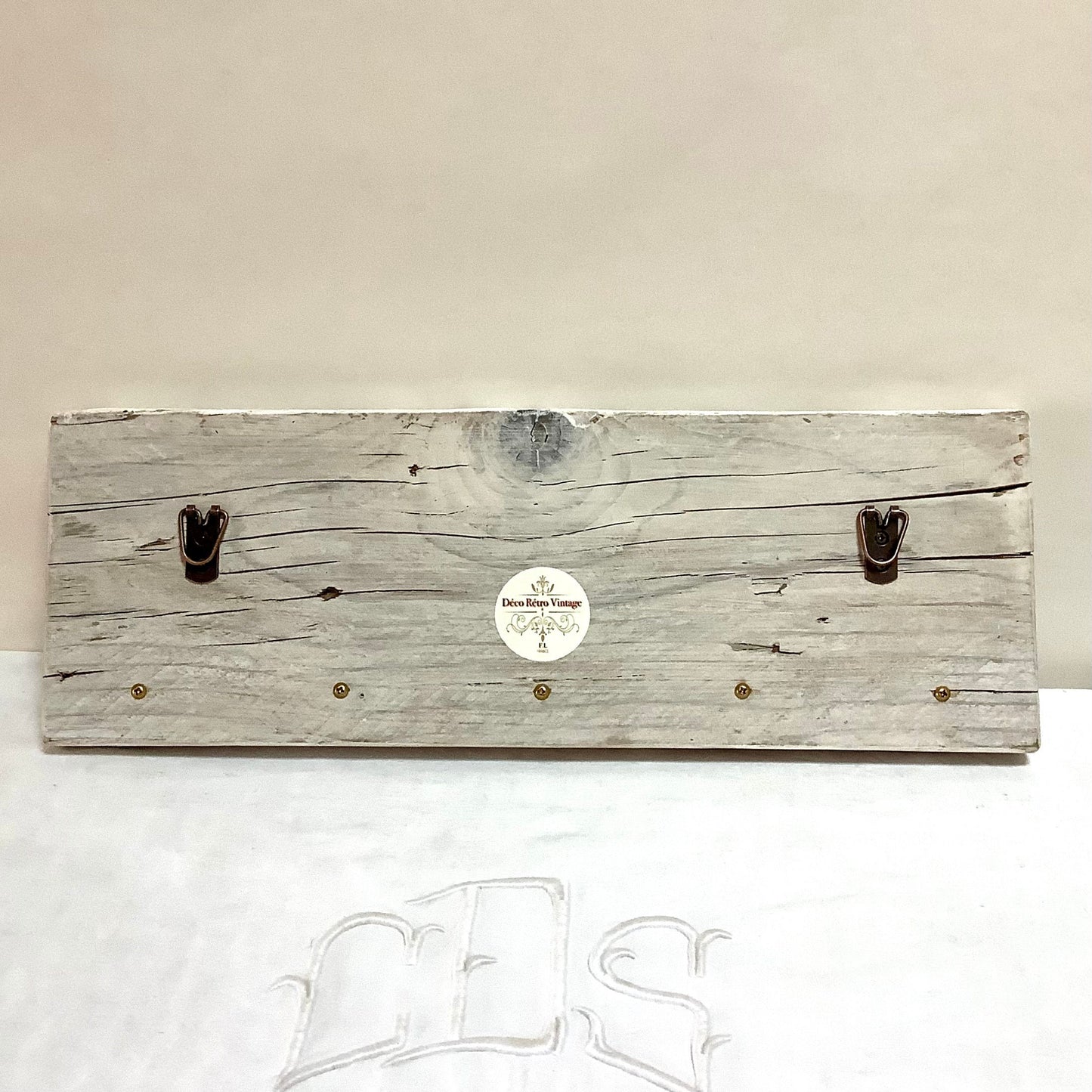 Patère murale accroche torchons bois 5 boutons patiné blanc vintage