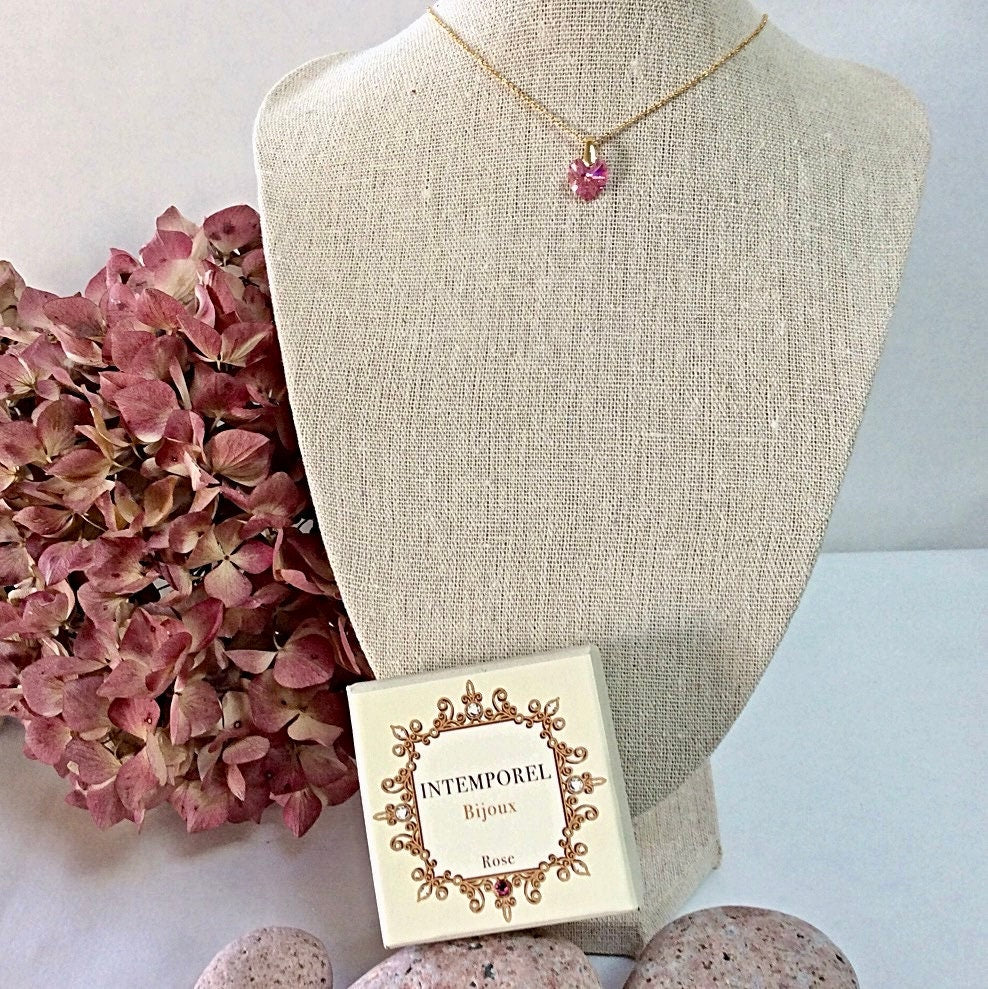 Collier coeur Rose pendentif cristal Swarovski chaîne Gold Filled plaqué or 14 k