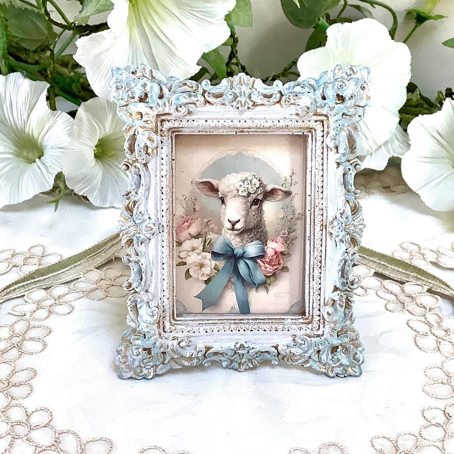 Cadre miniature baroque patiné bleu mouton 10 cm x 8 cm modèle C