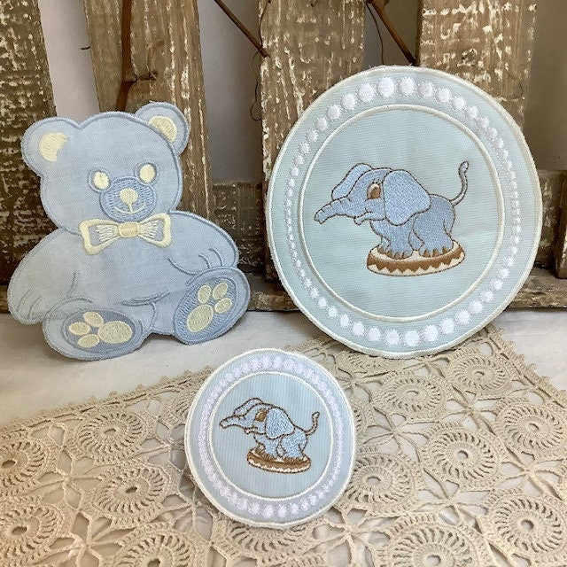 Écussons à coudre ourson éléphants bleu vintage