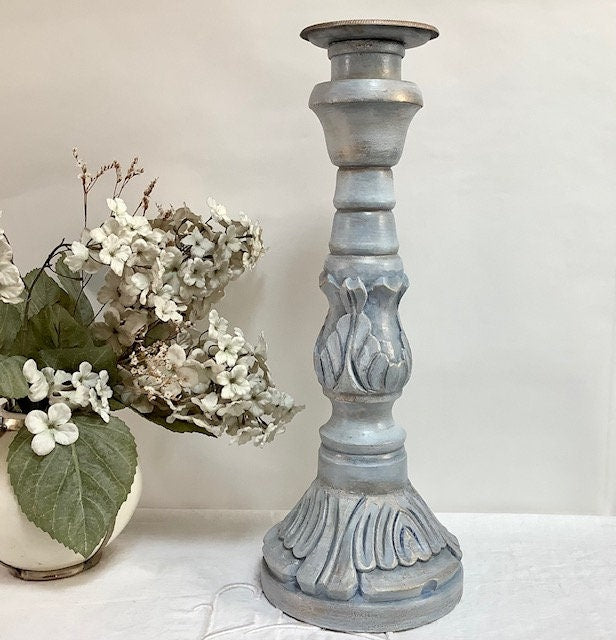 Chandelier bougeoir bois sculpté  bleu or vintage 43 cm hauteur bougie 
