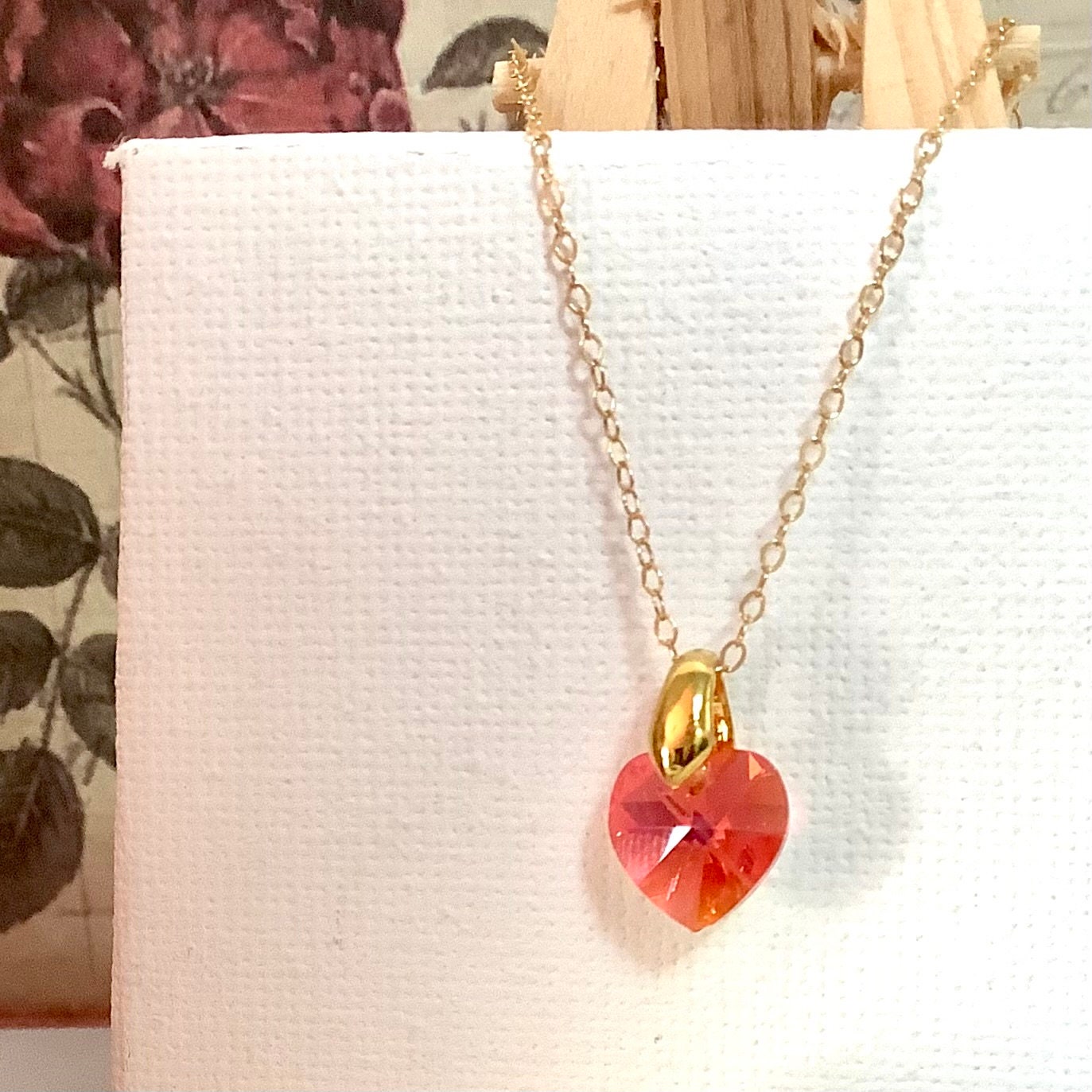Collier coeur Padparadscha pendentif cristal Swarovski chaîne Gold Filled plaqué or 14 k
