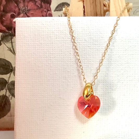 Collier coeur Padparadscha pendentif cristal Swarovski chaîne Gold Filled plaqué or 14 k