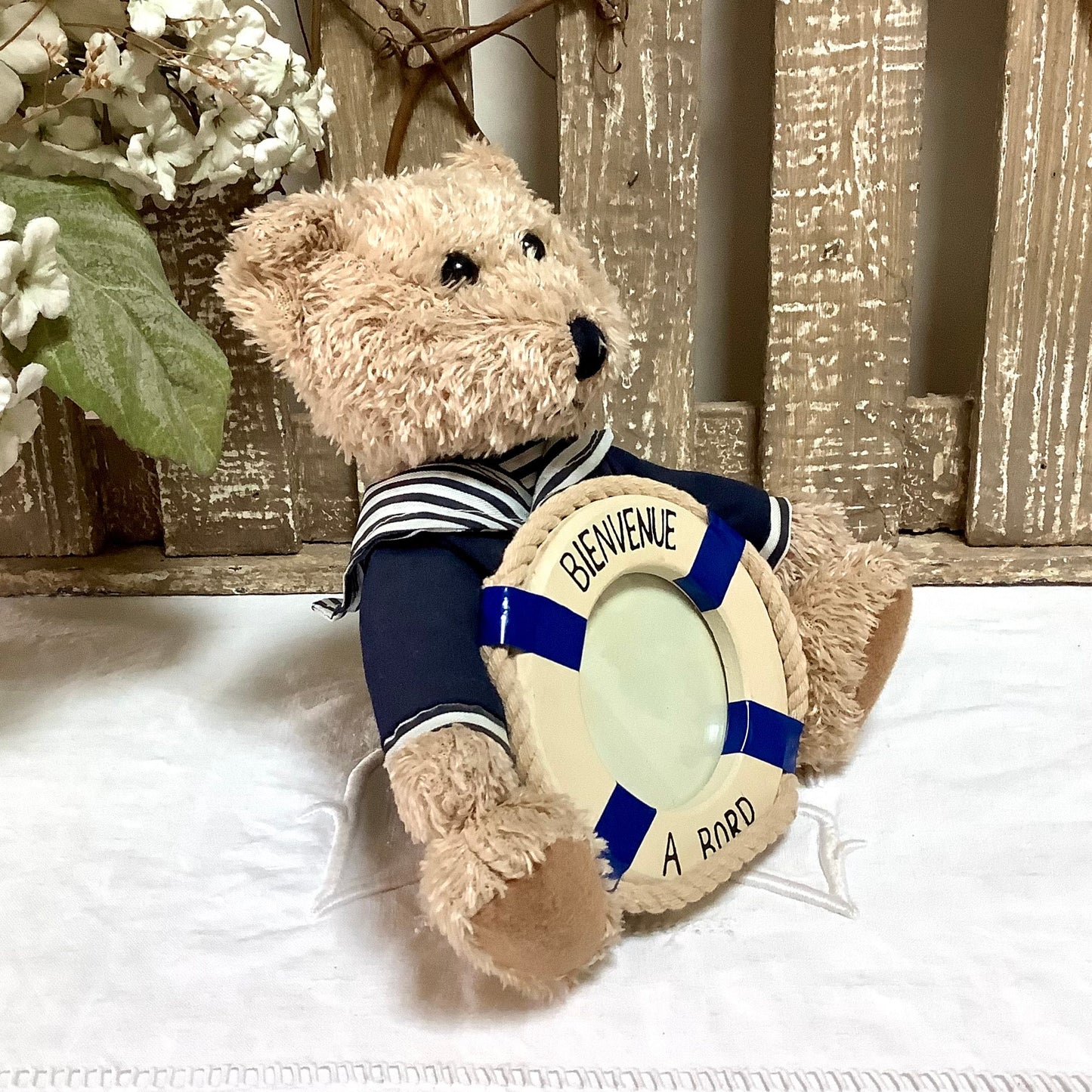 Décoration marine ours peluche bateau cadre photo vintage résine, trois oursons 30 cm