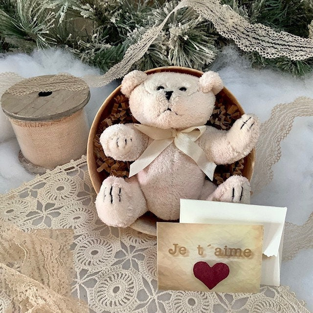 Mini ours en peluche blanc rose ht 10 cm vintage