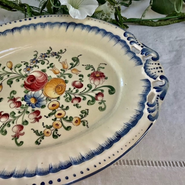 Grand plat ovale faïence motif floraux vintage