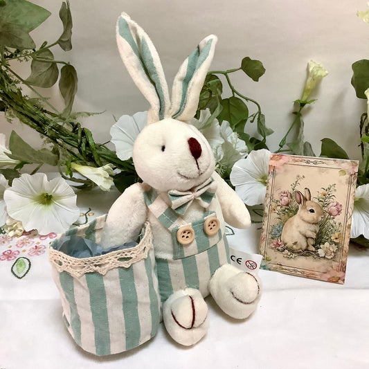 Lapin blanc peluche sac rayures vertes décoration pâques 