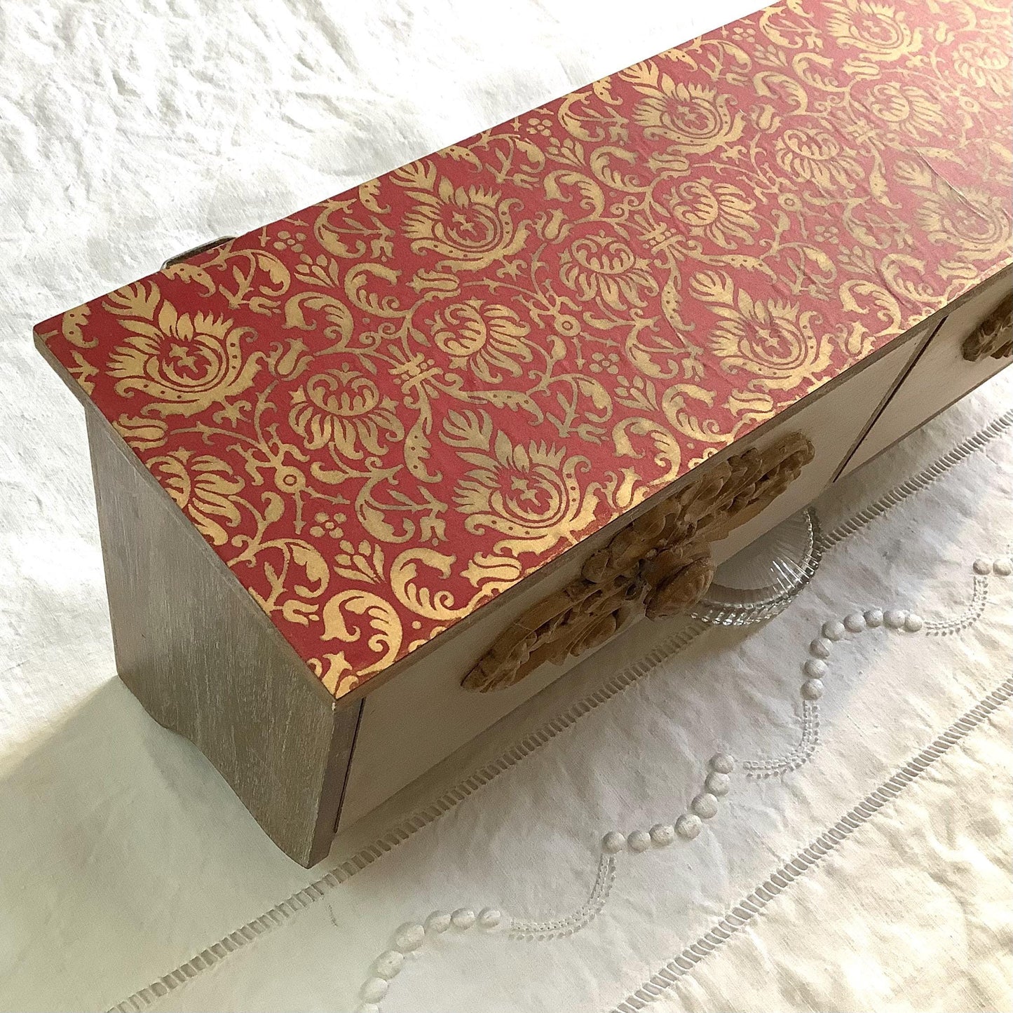 Étagère murale bois patiné 2 tiroirs 4 accroches ht 21 cm