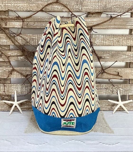 Sac de plage imperméable toile de jute beige vagues bleu ht 40 cm