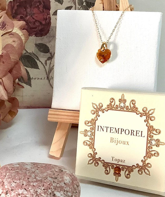 Collier coeur Topaz pendentif cristal Swarovski chaîne Gold Filled plaqué or 14 k