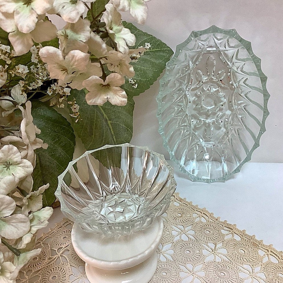 Ravier et coupelle verre taillé vintage 20 cm, vaisselle ancienne cristal