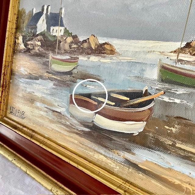 Tableau paysage marin huile sur toile vintage