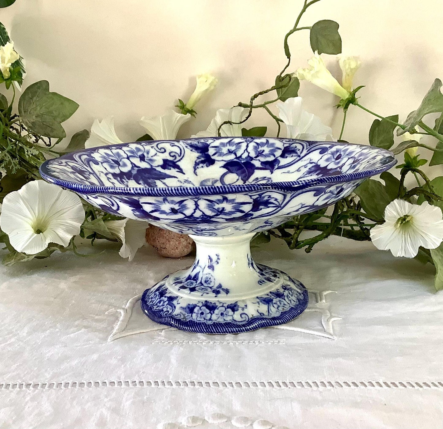 Plat serviteur piédouche compotier bleu faïence creil Flora nontereau 1855 vintage